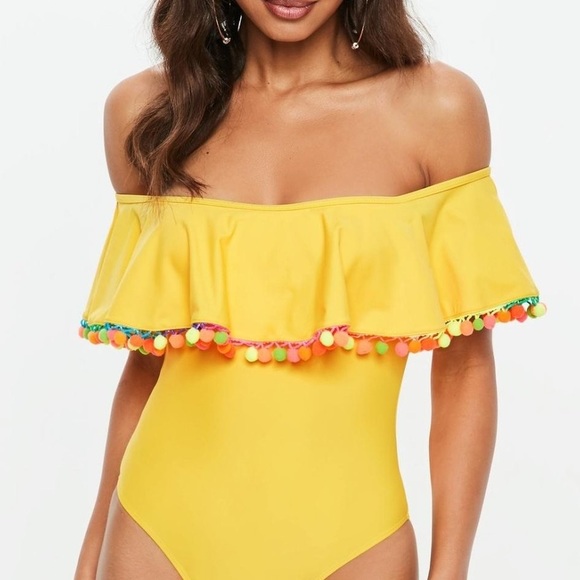 Misguided Bardot Pom Trim Swimsuit - Picture 2 of 7